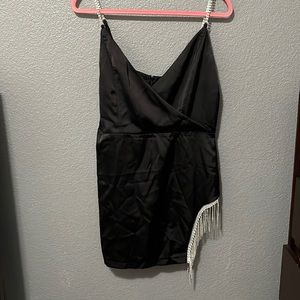 Joyfunear Plunge Neck Fringe Asymmetrical Hem Satin Dress